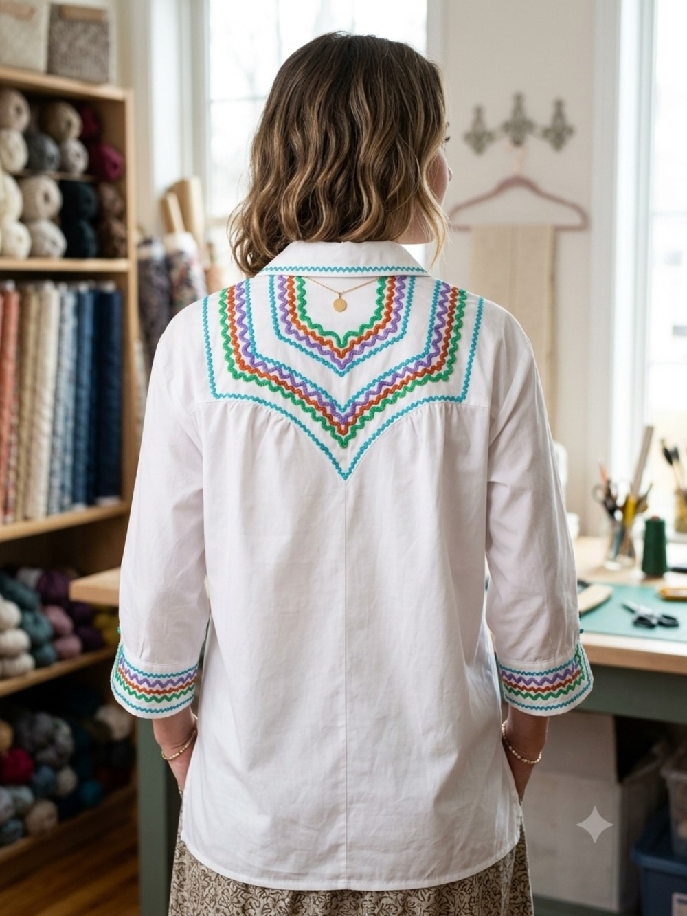 Bob Mackie Button-Down Shirt with Multicolor Chevron Embroidery Size 2X EUC .
